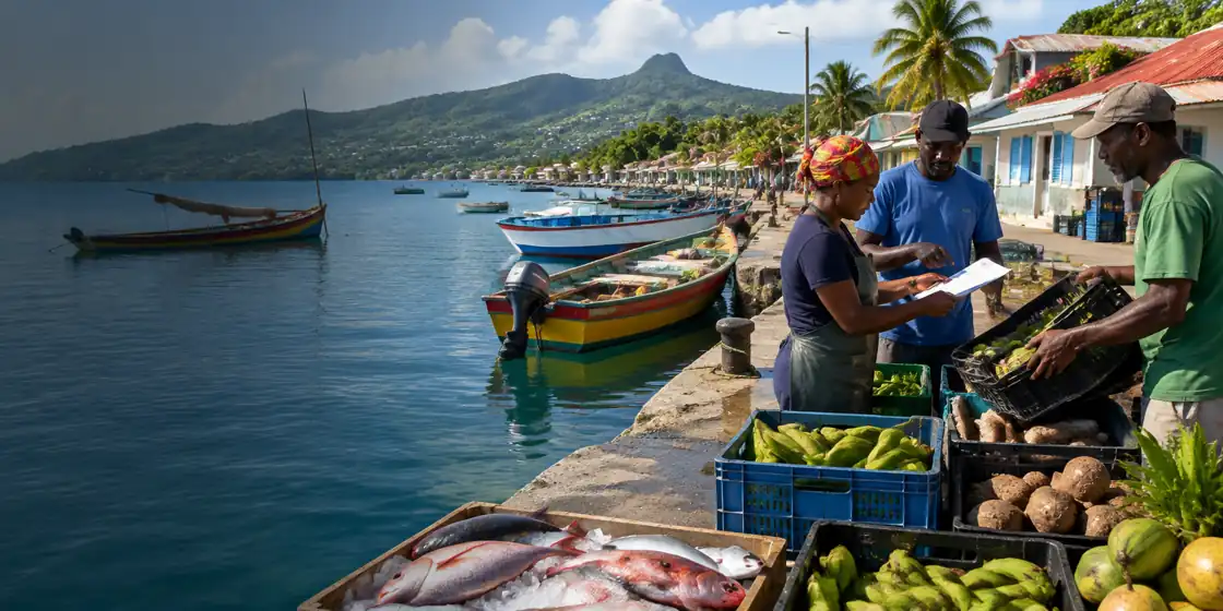 Professionnels d’une coopérative organisant la circulation de caisses de produits locaux dans un petit port caribéen.