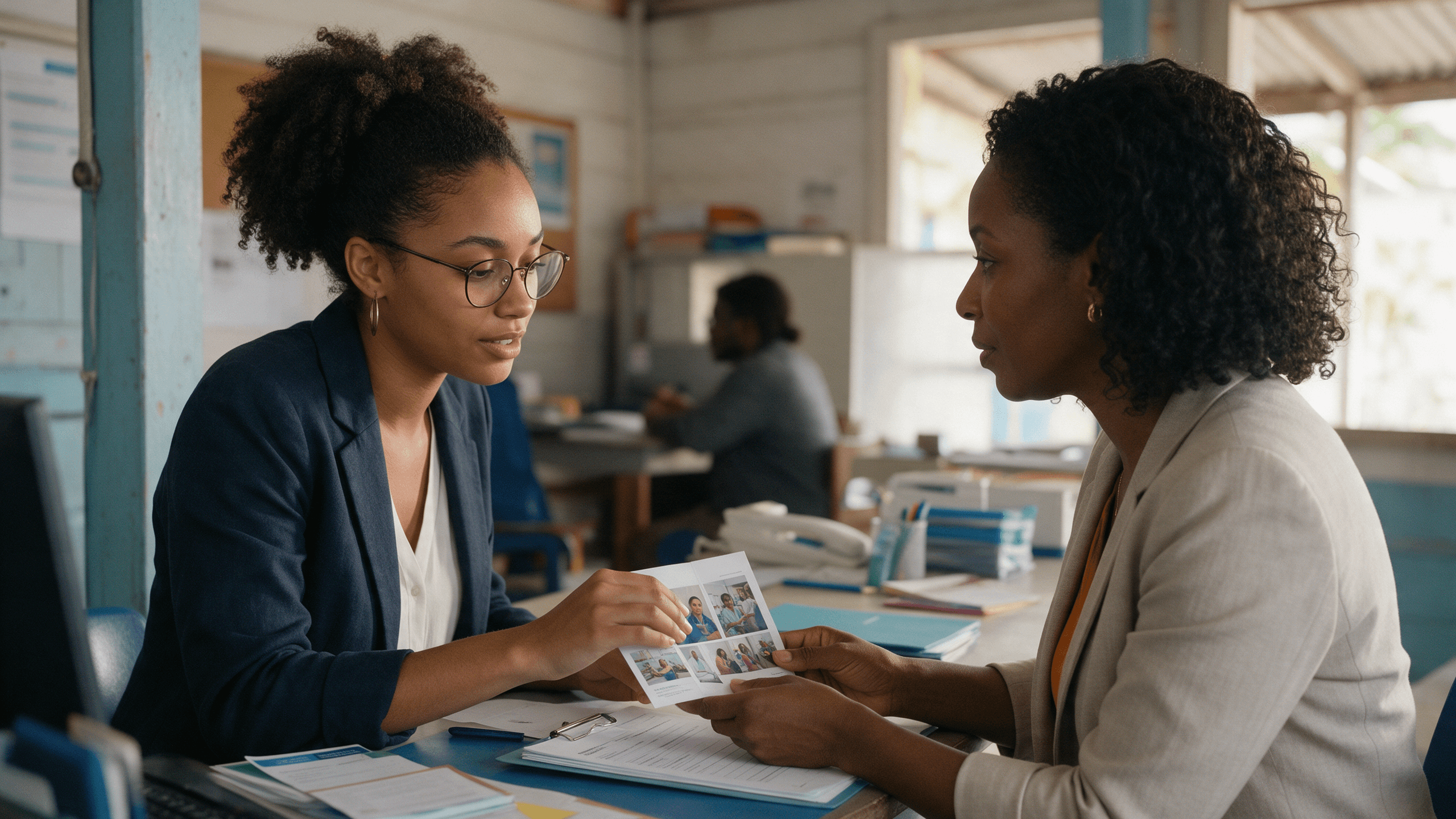 Une candidate en reconversion présente ses réalisations et ses compétences lors d’un entretien professionnel en Martinique.
