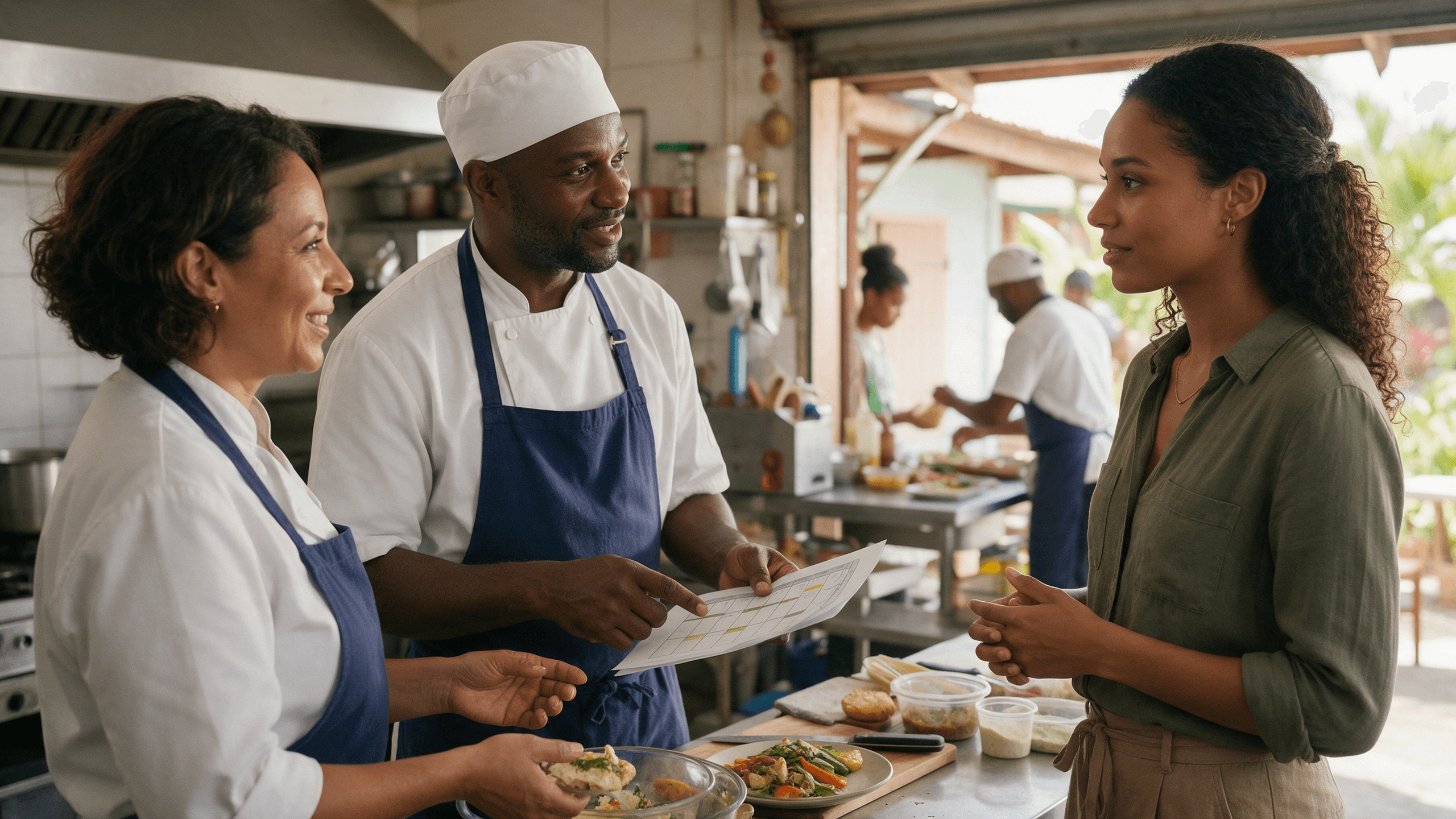 Une responsable de restauration et son chef échangent avec une candidate sur les besoins et les compétences recherchées en Guadeloupe.