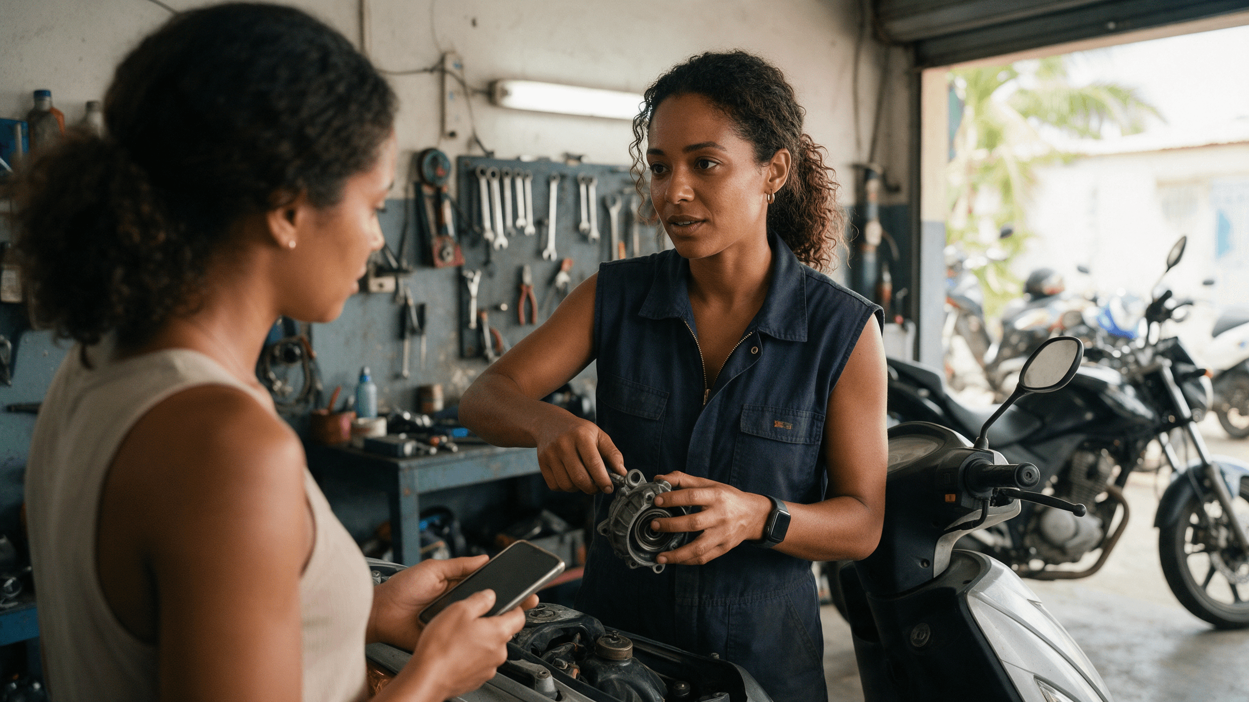 Une mécanicienne présente une pièce de scooter à une cliente tenant son téléphone dans un atelier en Martinique.
